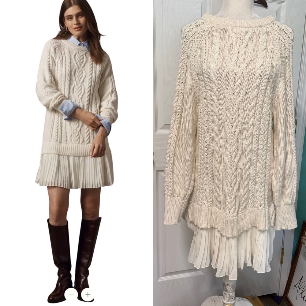 Anthropologie Sweater Tunic Dress Women M l Delphine Twofer Chunky Cable Knit